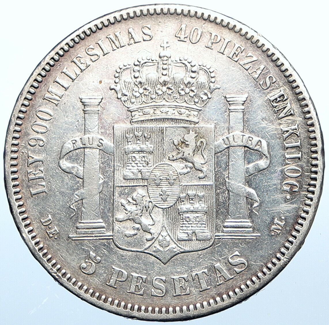 1875 SPAIN w King ALFONSO XII Antique OLD Silver 5 Pesetas SPANISH Coin i108408