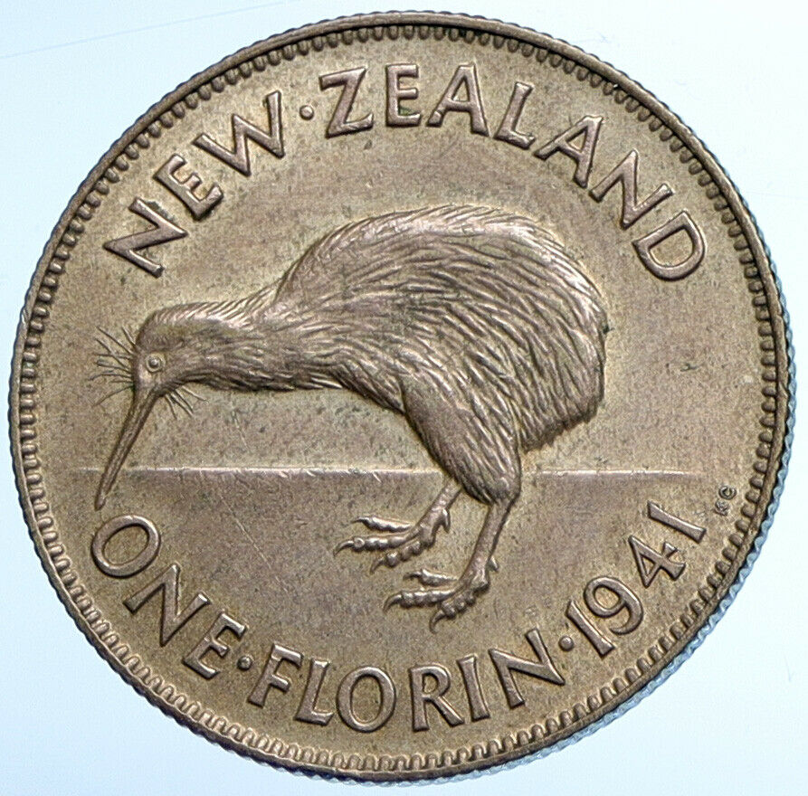 1941 NEW ZEALAND under UK King George VI Silver Florin Coin w KIWI BIRD i108541