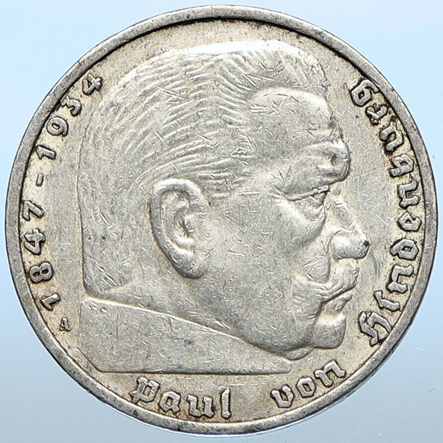 1936 A Germany 2 President Paul von Hindenburg Silver German 5 Mark Coin i108552