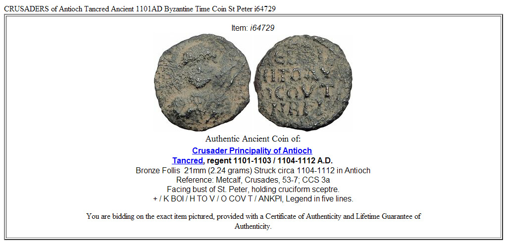 CRUSADERS of Antioch Tancred Ancient 1101AD Byzantine Time Coin St Peter i64729