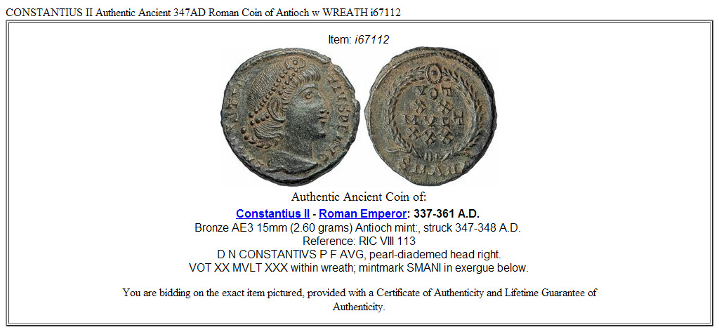 CONSTANTIUS II Authentic Ancient 347AD Roman Coin of Antioch w WREATH i67112