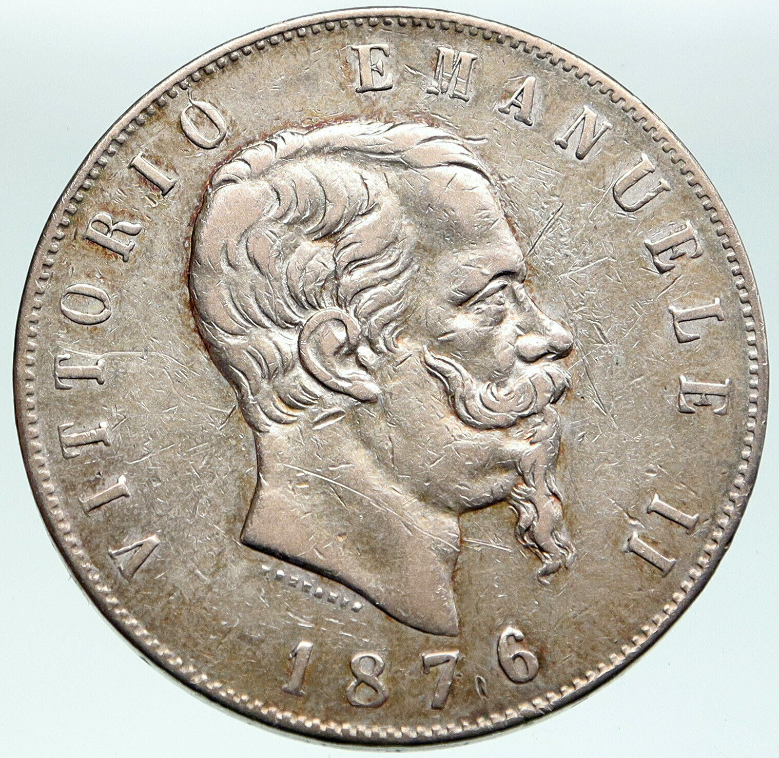 1876 ITALY King Victor Emmanuel II OLD Silver 5 Lire Antique ITALIAN Coin i87559