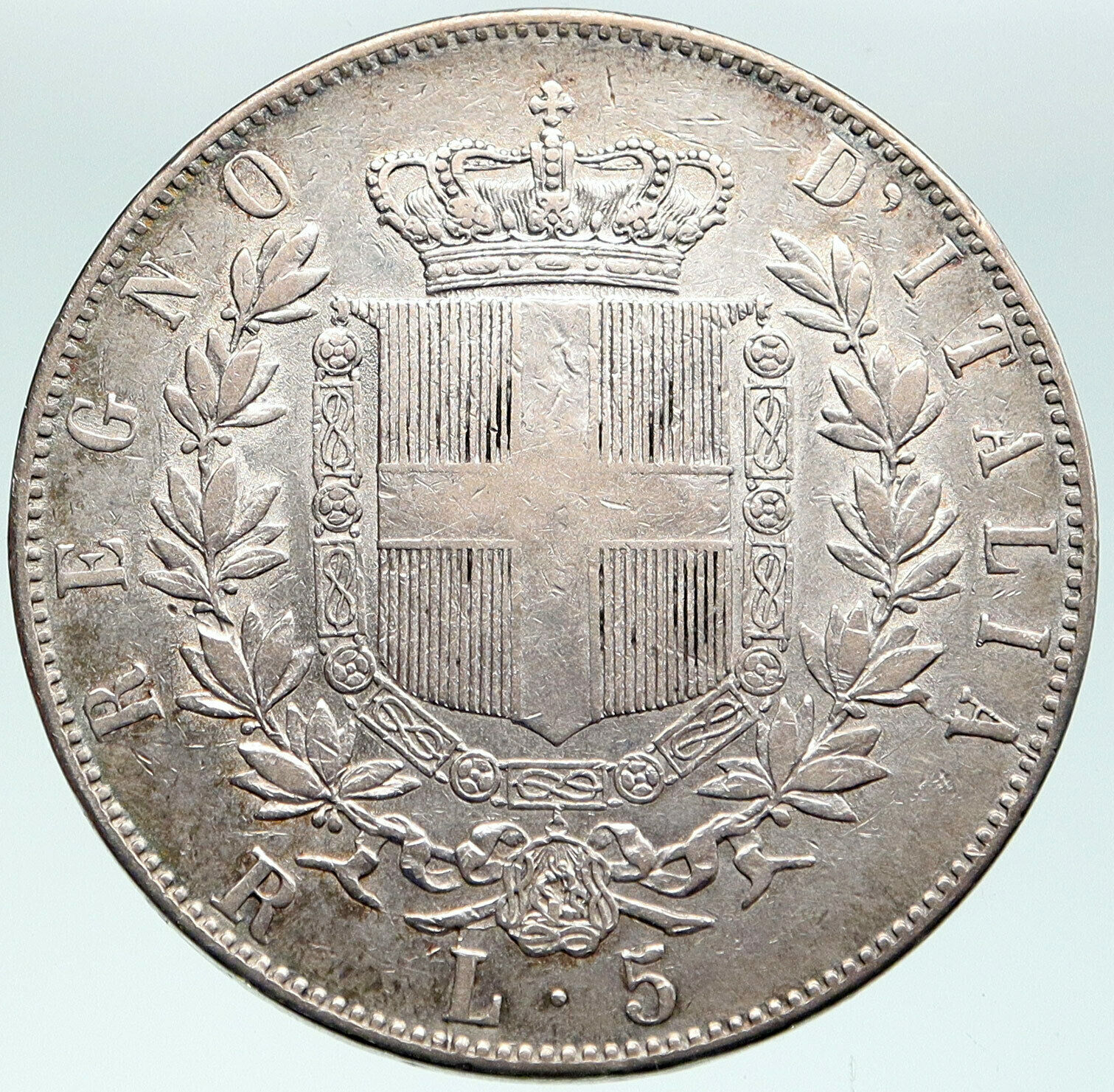 1876 ITALY King Victor Emmanuel II OLD Silver 5 Lire Antique ITALIAN Coin i87559