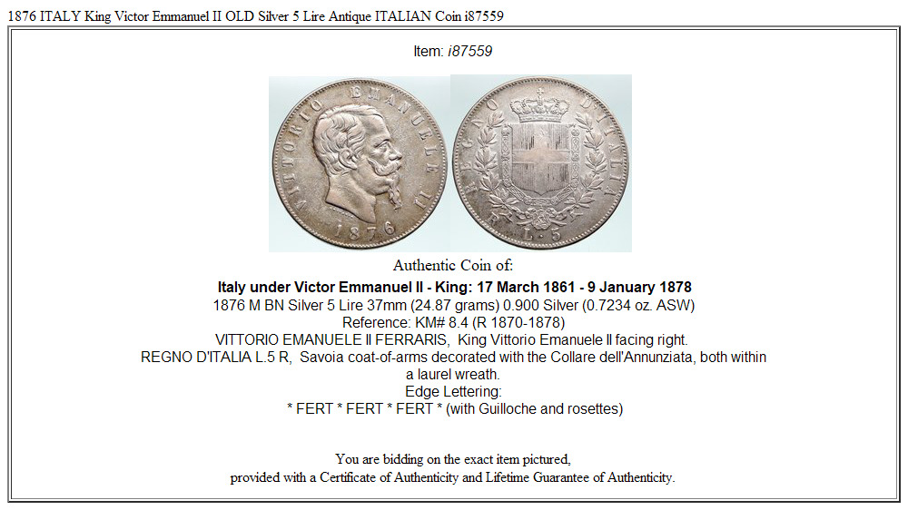 1876 ITALY King Victor Emmanuel II OLD Silver 5 Lire Antique ITALIAN Coin i87559