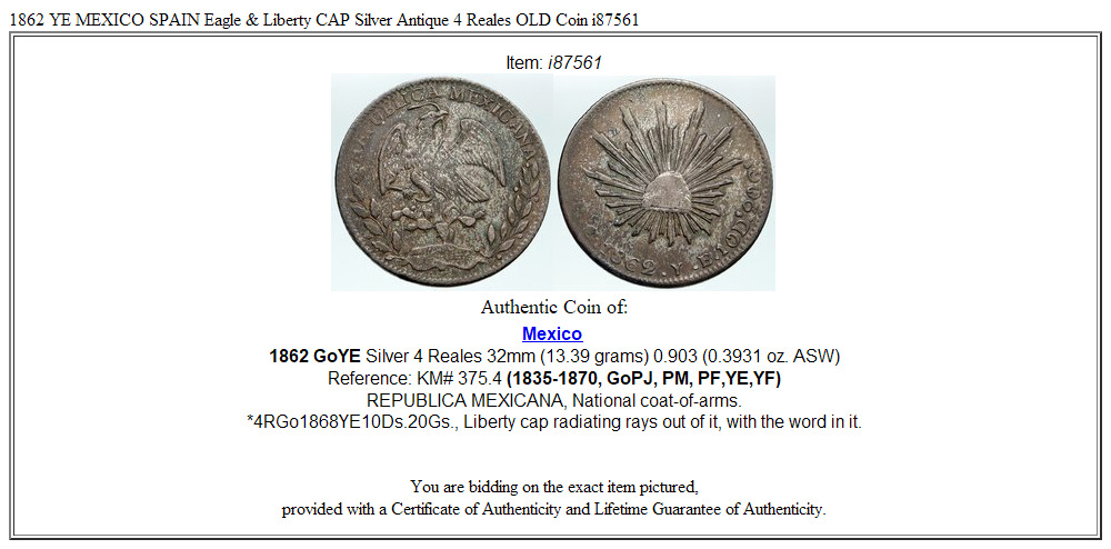 1862 YE MEXICO SPAIN Eagle & Liberty CAP Silver Antique 4 Reales OLD Coin i87561