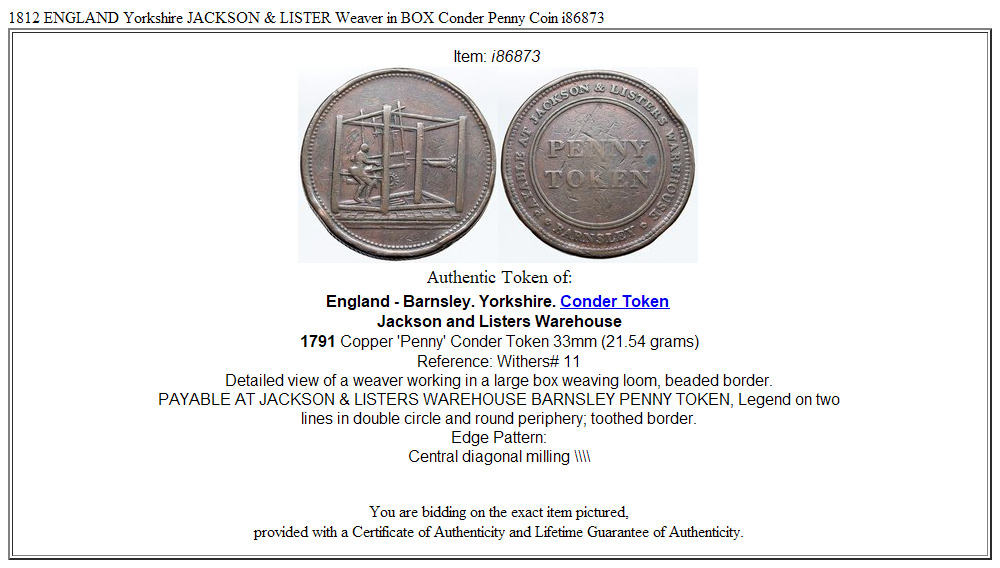 1812 ENGLAND Yorkshire JACKSON & LISTER Weaver in BOX Conder Penny Coin i86873