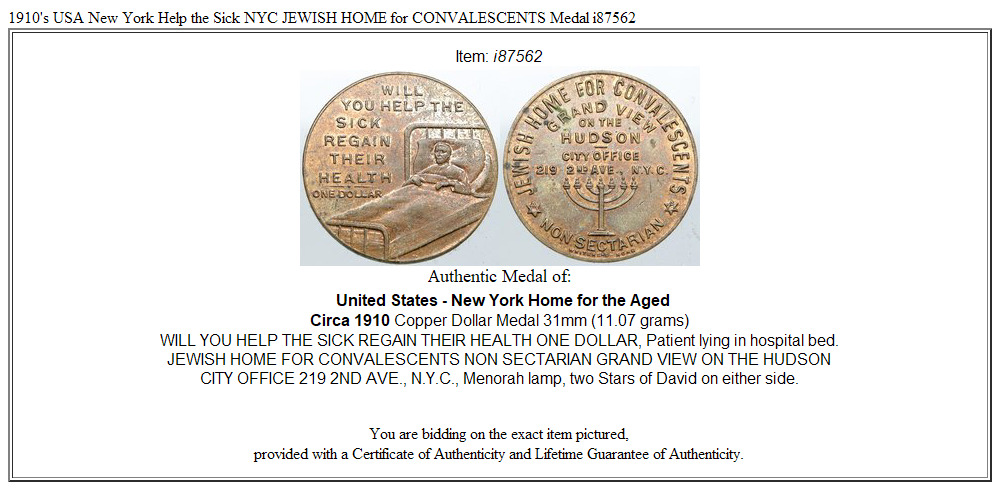 1910's USA New York Help the Sick NYC JEWISH HOME for CONVALESCENTS Medal i87562