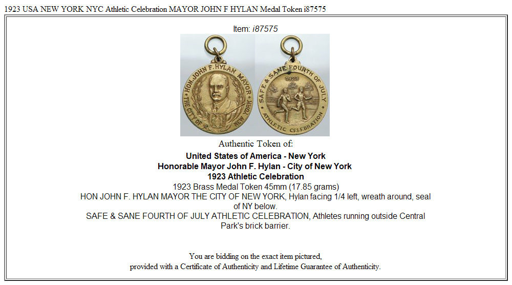 1923 USA NEW YORK NYC Athletic Celebration MAYOR JOHN F HYLAN Medal Token i87575