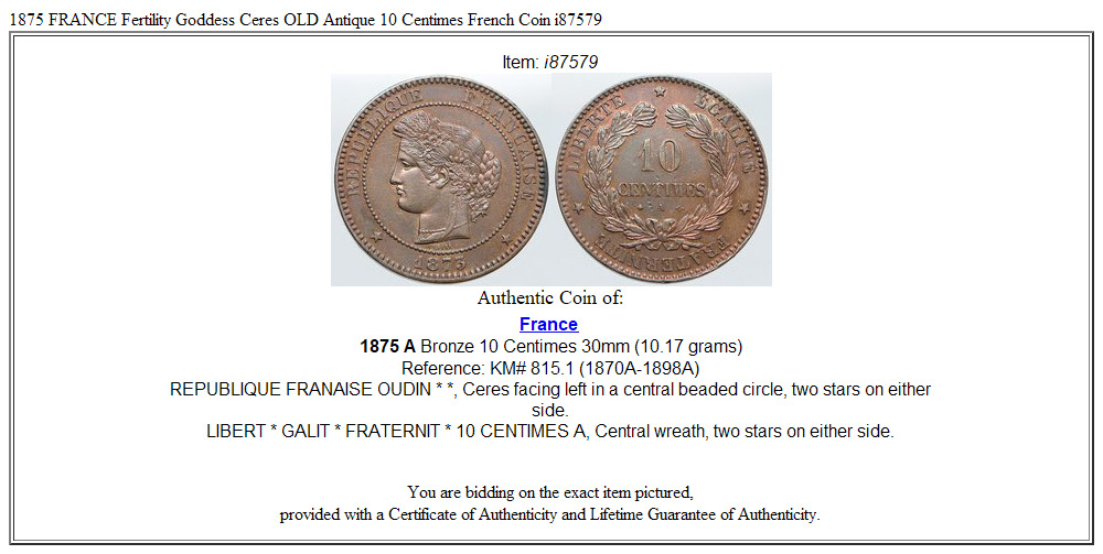 1875 FRANCE Fertility Goddess Ceres OLD Antique 10 Centimes French Coin i87579