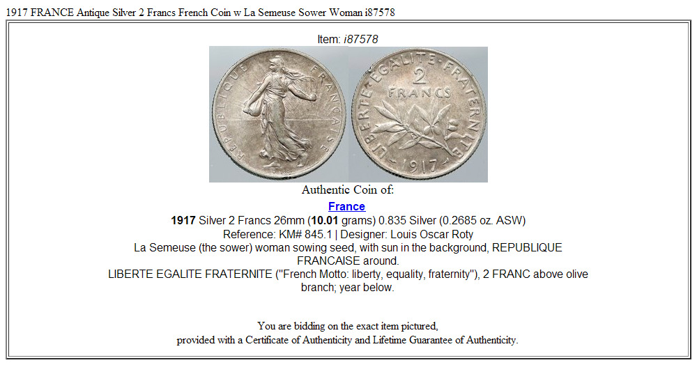 1917 FRANCE Antique Silver 2 Francs French Coin w La Semeuse Sower Woman i87578