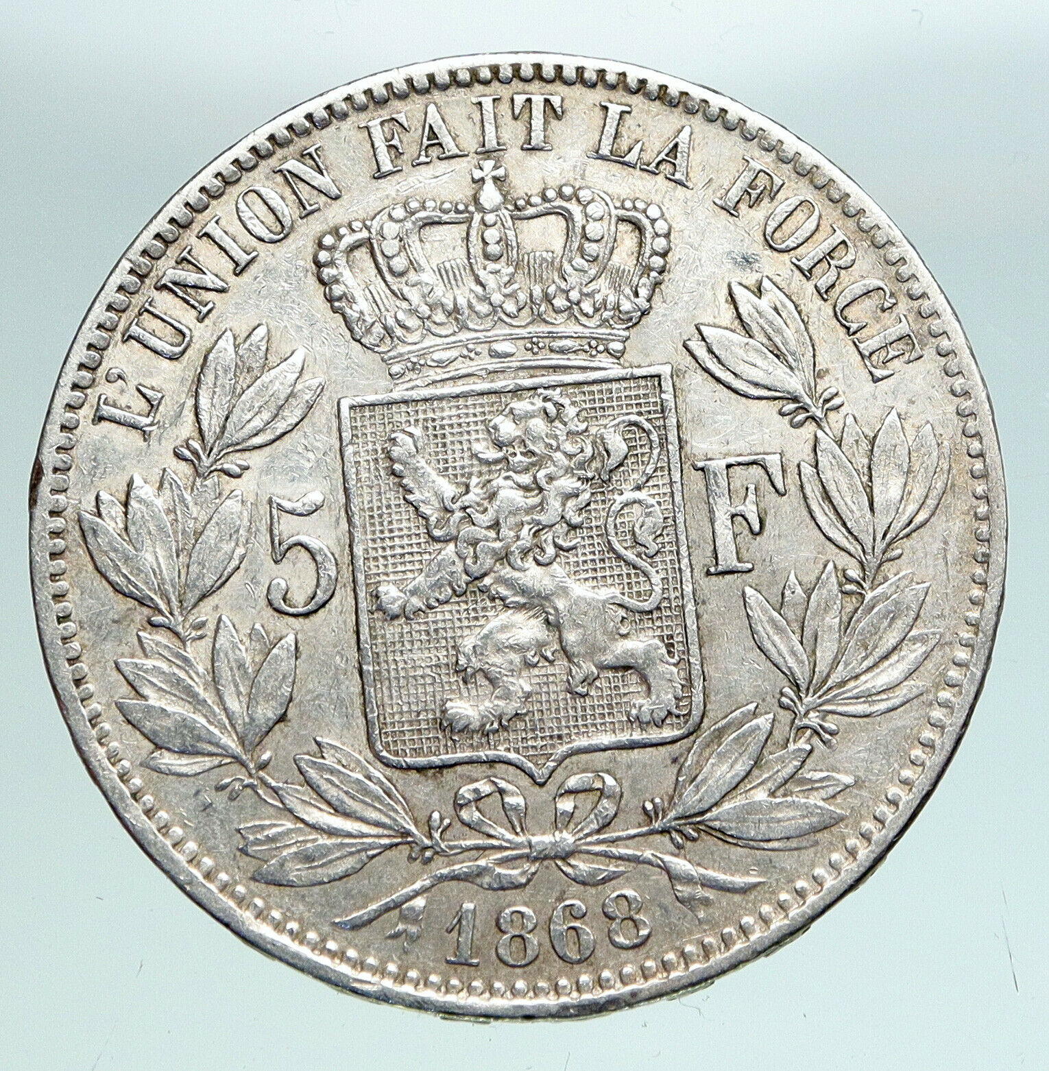 1868 BELGIUM with King LEOPOLD II and LION Vintage Silver 5 Francs Coin i90875