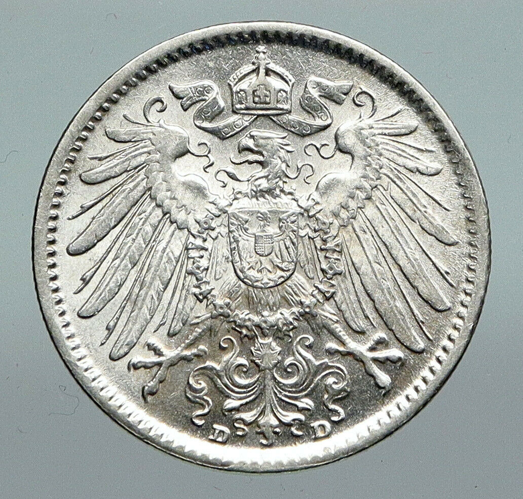 1915 GERMANY WILHELM II w Eagle Antique German Empire Silver 1 Mark Coin i91353