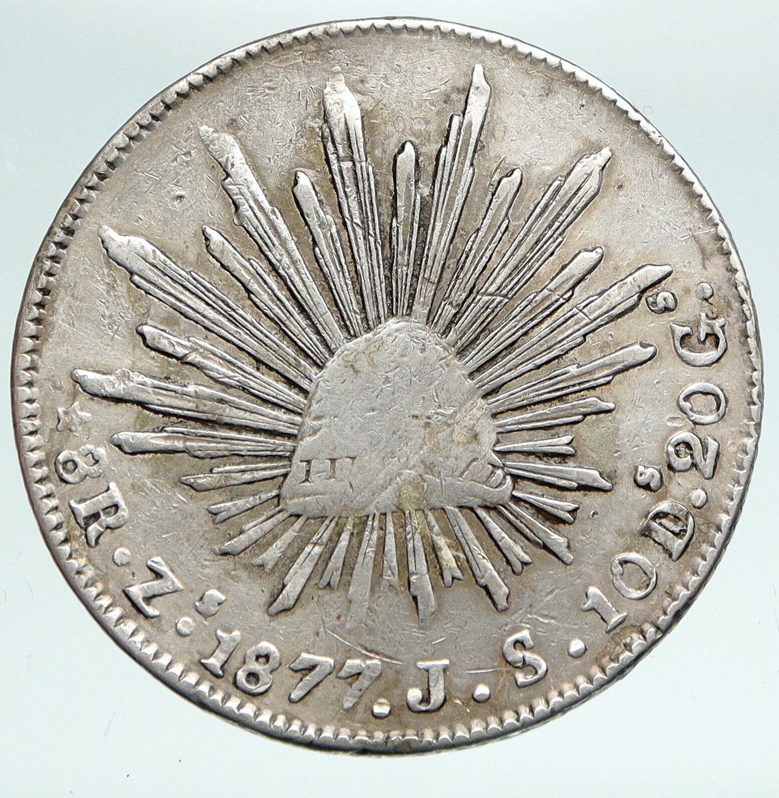 1877 Zs JS MEXICO Large Eagle Sun Antique Mexican Silver 8 Reales Coin i90882