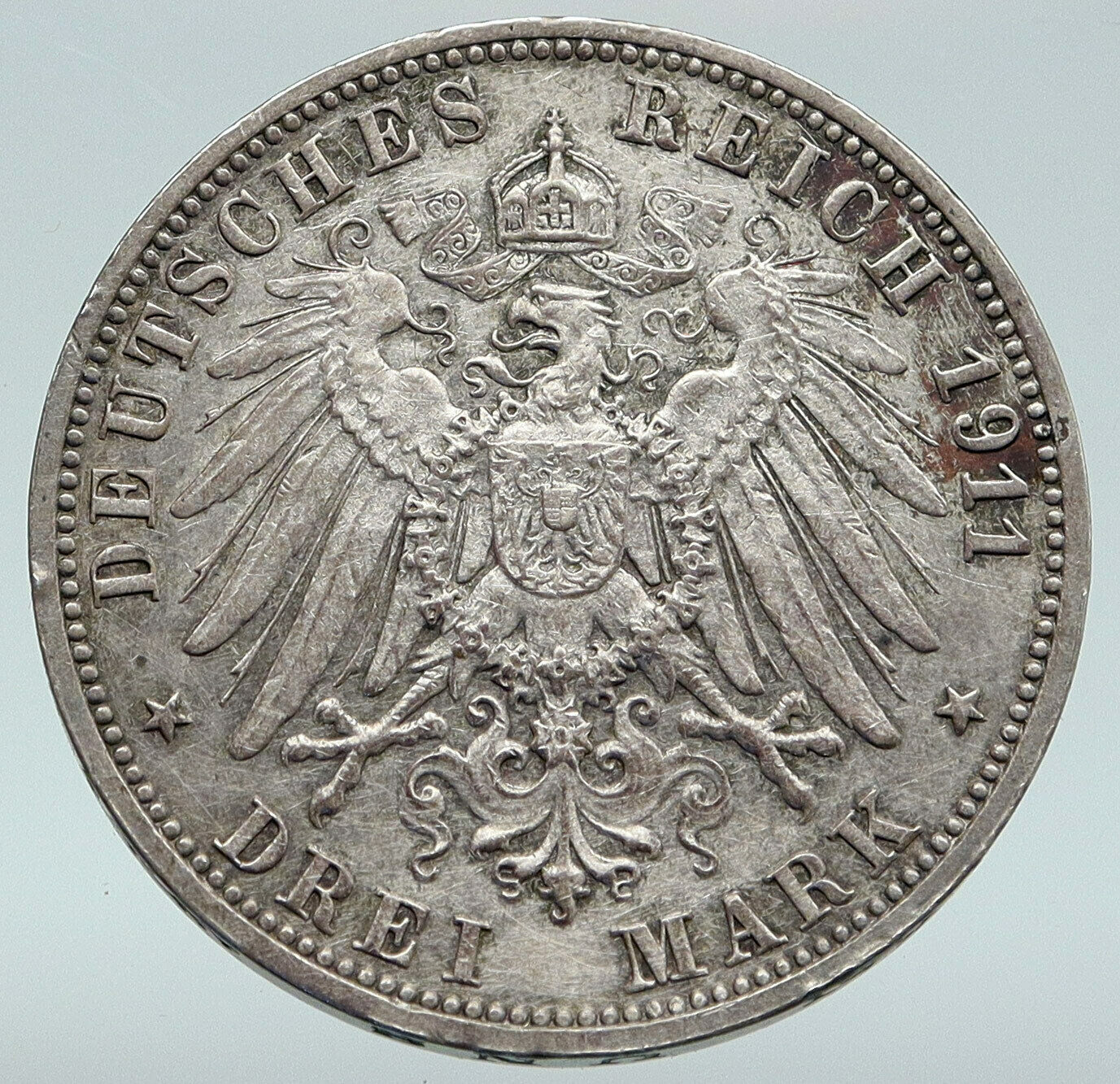 1911 WURTTEMBERG KINGDOM Germany WILHELM II Wedding Silver 3 Mark Coin i87066