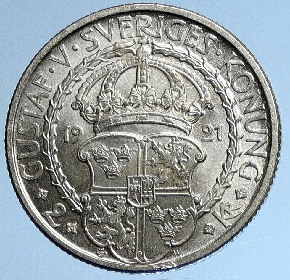 1921 Sweden GUSTAF I Liberation War Anniversary Antique Silver 2 Kr Coin i109609