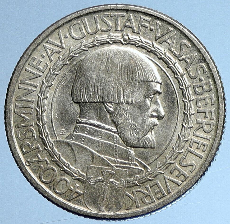 1921 Sweden GUSTAF I Liberation War Anniversary Antique Silver 2 Kr Coin i109616