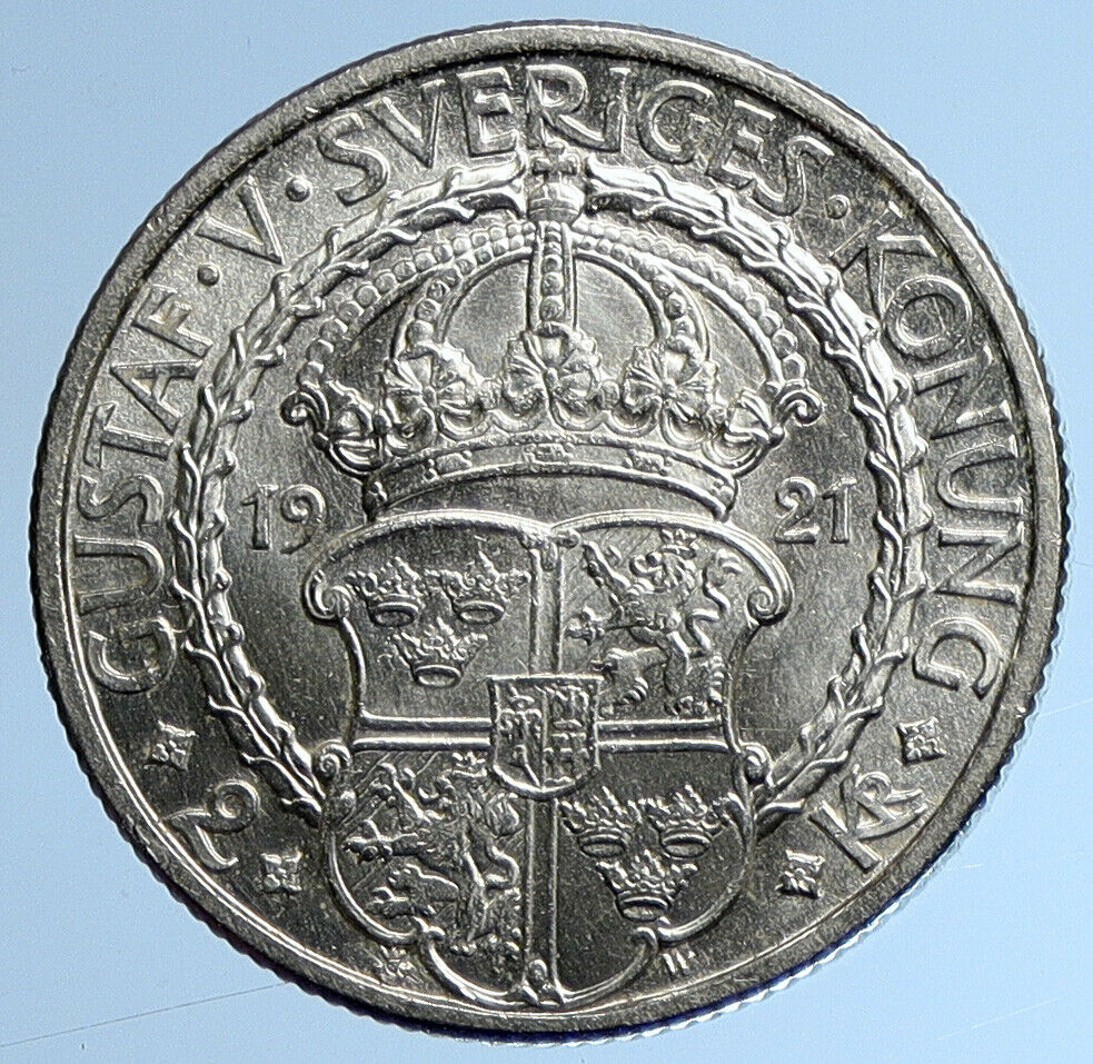 1921 Sweden GUSTAF I Liberation War Anniversary Antique Silver 2 Kr Coin i109616