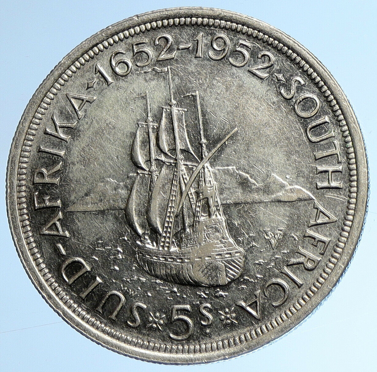 1952 SOUTH AFRICA George VI 300th Cape Town SHIP Silver 5 Shillings Coin i109615