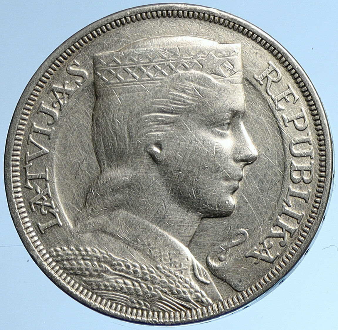 1929 LATVIA w Female Headwear 5 Lati LARGE Vintage Silver European Coin i109600