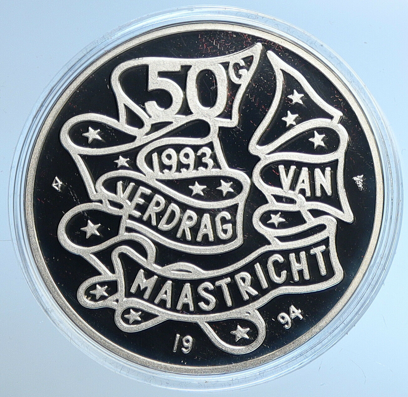 1994 NETHERLANDS Queen Beatrix MAASTRICT TREATY PF Silver 50 Gulden Coin i109636