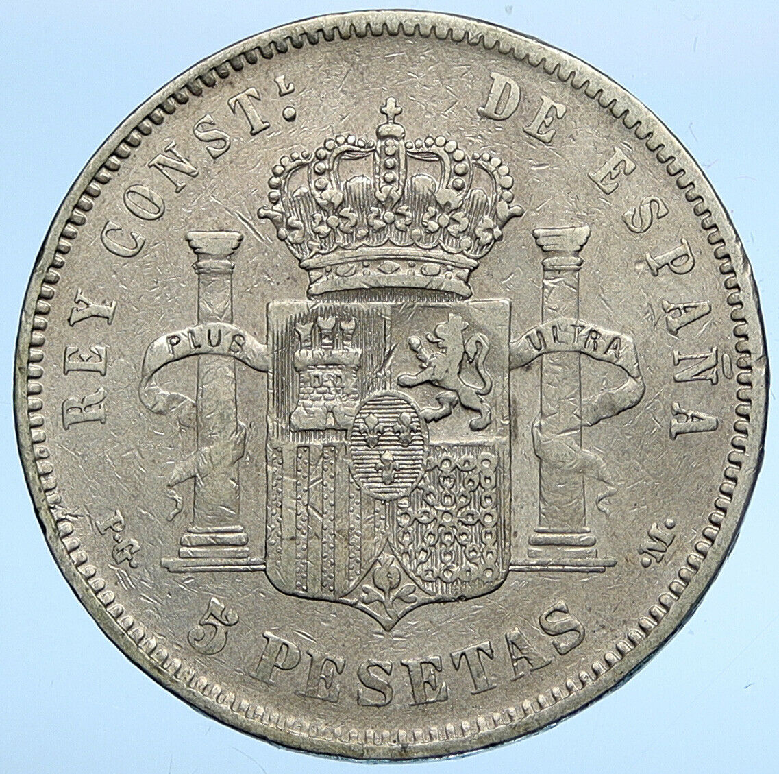 1892 SPAIN with Spanish King ALFONSO XIII Antique Silver 5 Pesetas Coin i109701