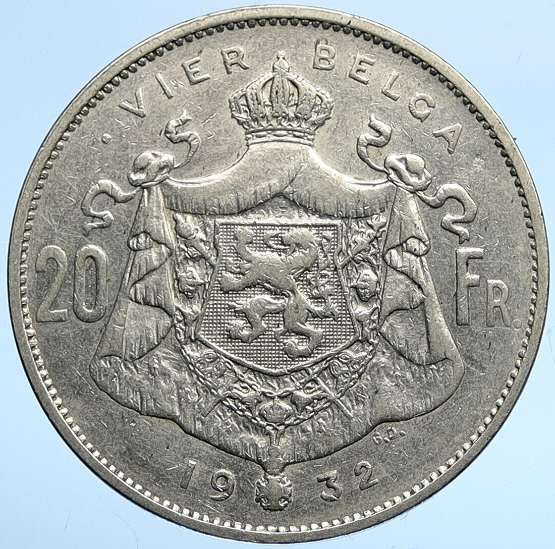1932 BELGIUM King Albert I Crown Authentic VINTAGE Silver 20 Francs Coin i109700