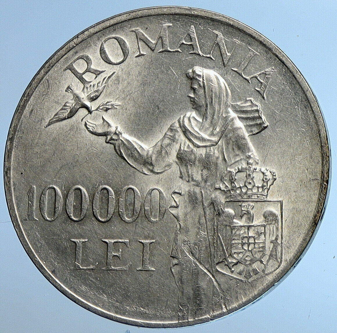 1946 ROMANIA Michael I Romanian Lady Bird Antique Silver 100000 Lei Coin i109628
