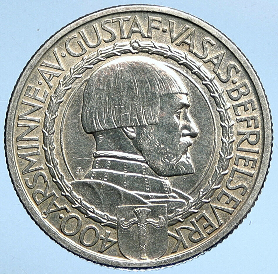 1921 Sweden GUSTAF I Liberation War Anniversary Antique Silver 2 Kr Coin i109709