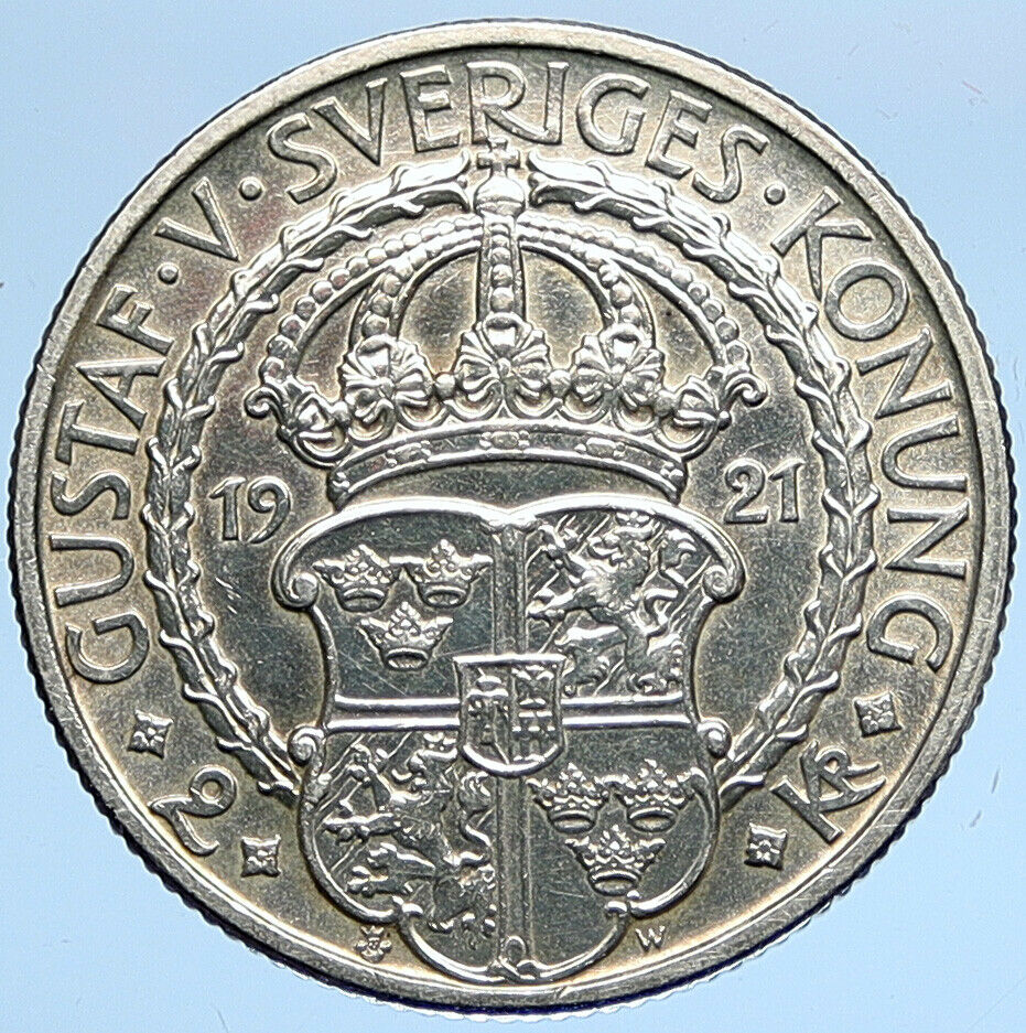 1921 Sweden GUSTAF I Liberation War Anniversary Antique Silver 2 Kr Coin i109709