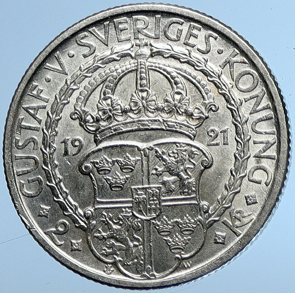 1921 Sweden GUSTAF I Liberation War Anniversary Antique Silver 2 Kr Coin i109619