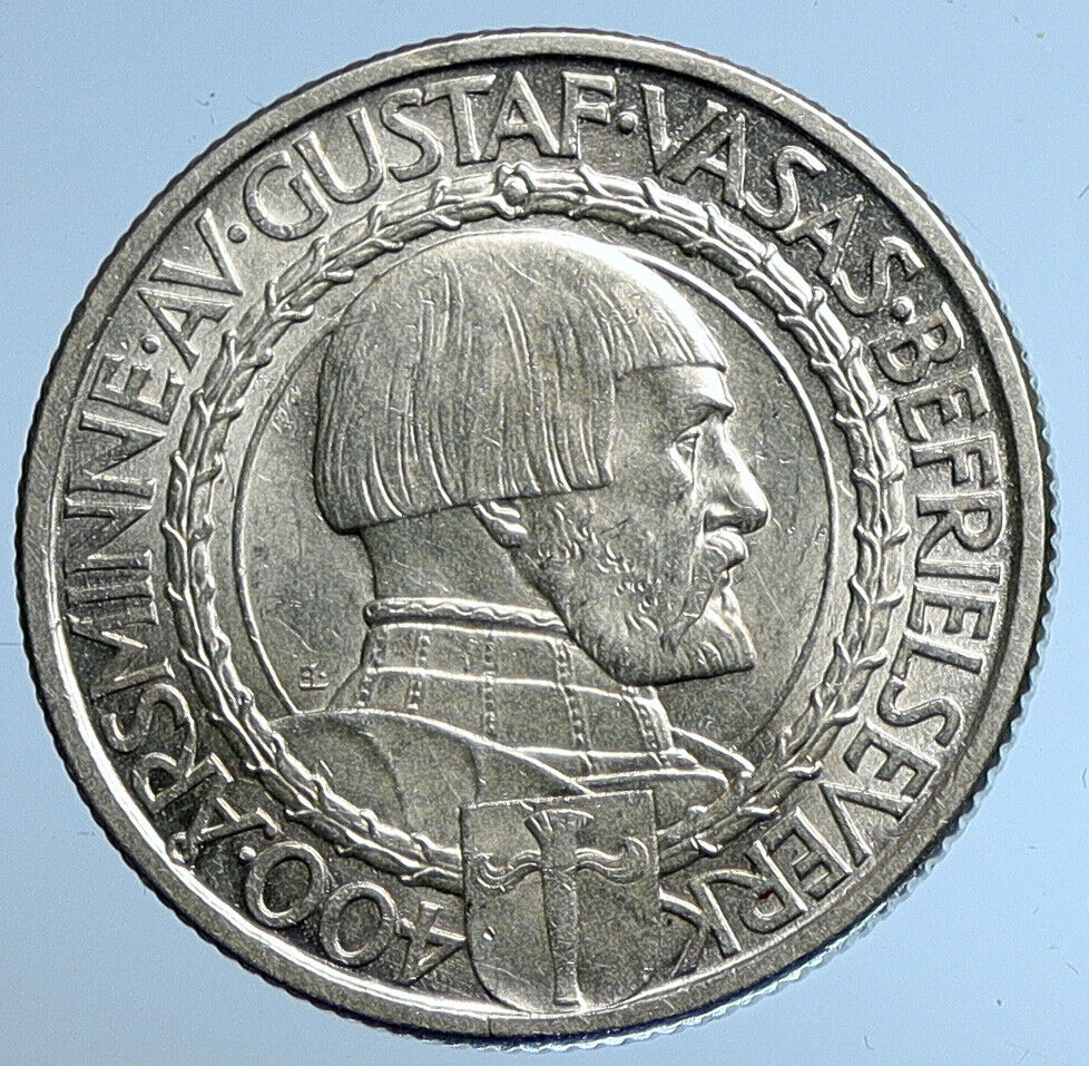 1921 Sweden GUSTAF I Liberation War Anniversary Antique Silver 2 Kr Coin i109630