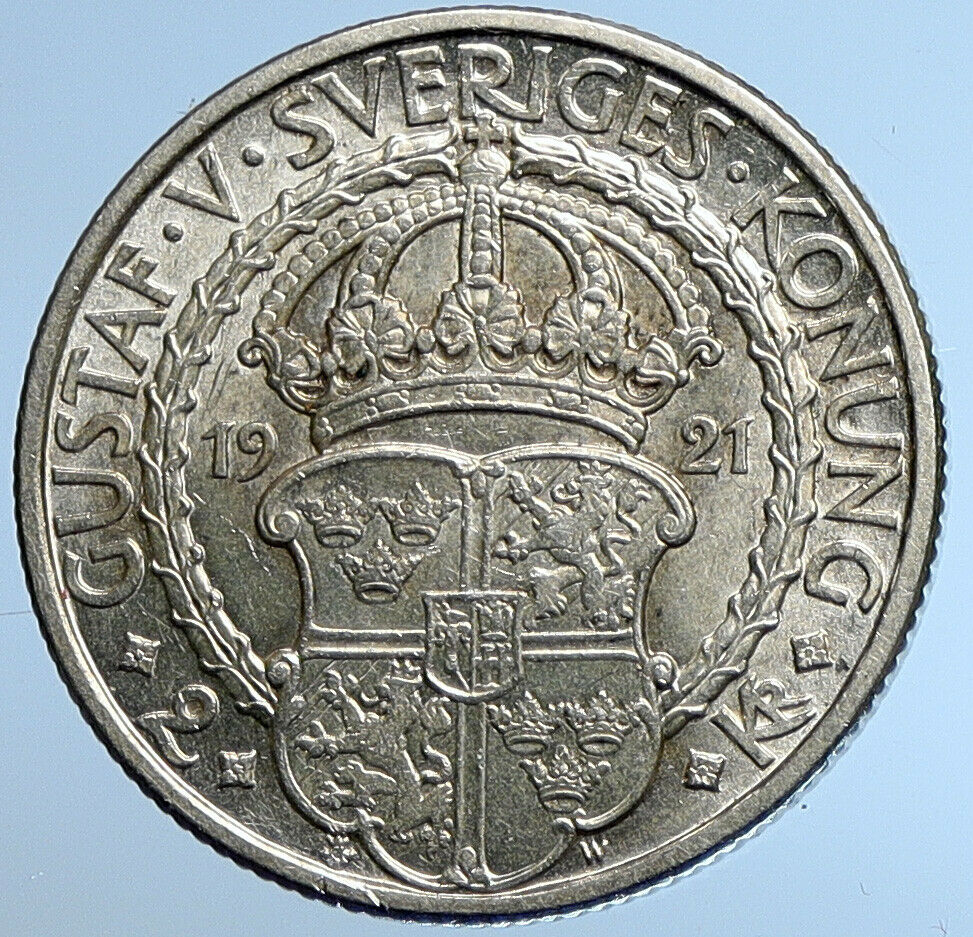 1921 Sweden GUSTAF I Liberation War Anniversary Antique Silver 2 Kr Coin i109630