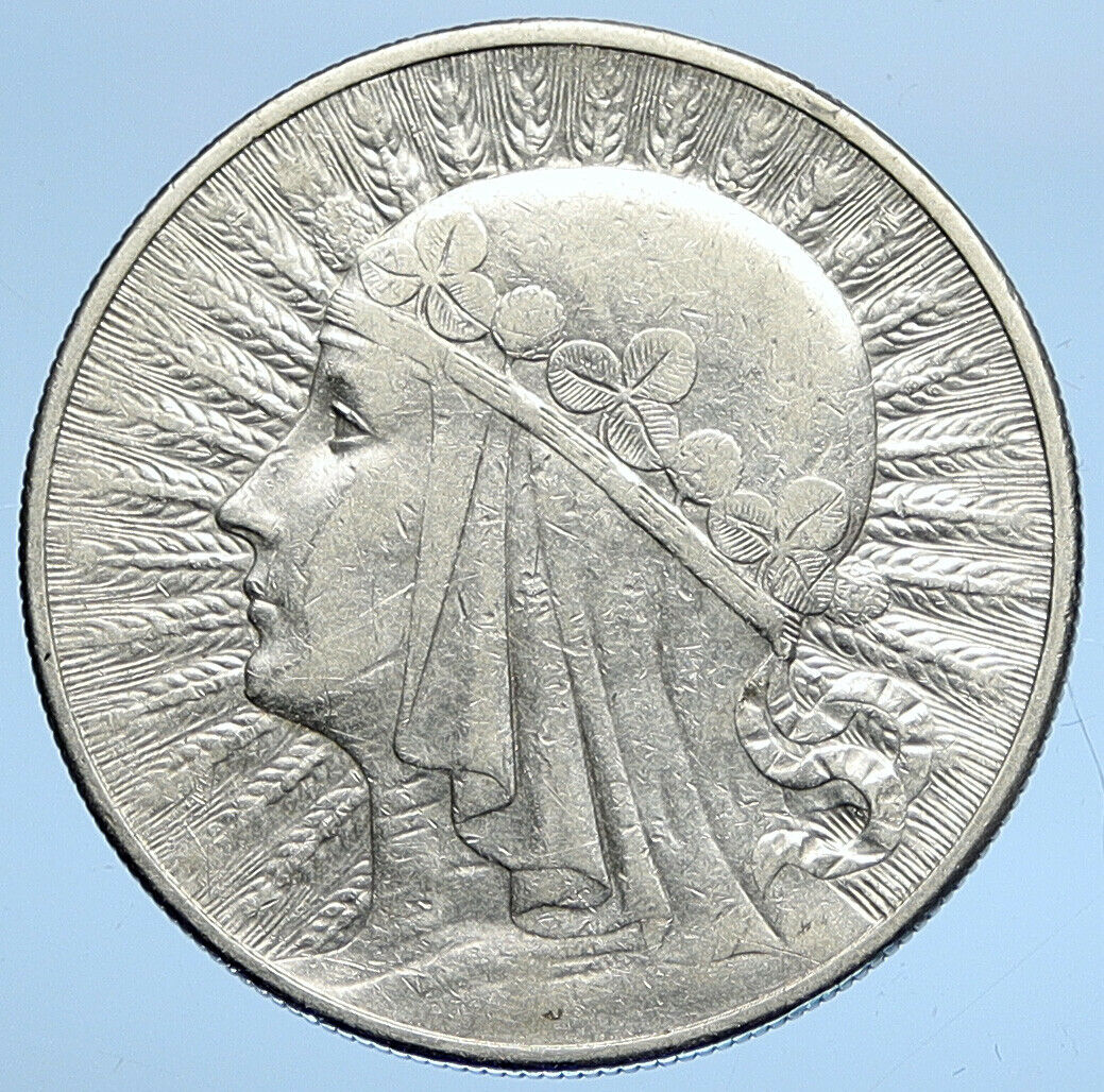 1932 POLAND Queen Jadwiga & Eagle Polish Antique Silver 10 Zlotych Coin i109705