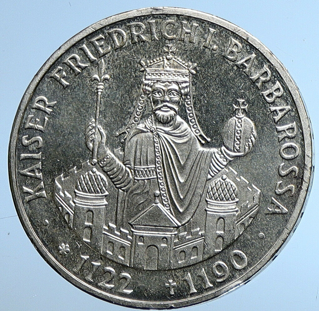 1990 Germany FREDERICK I Barbarossa Antique Silver 10 Mark German Coin i109622