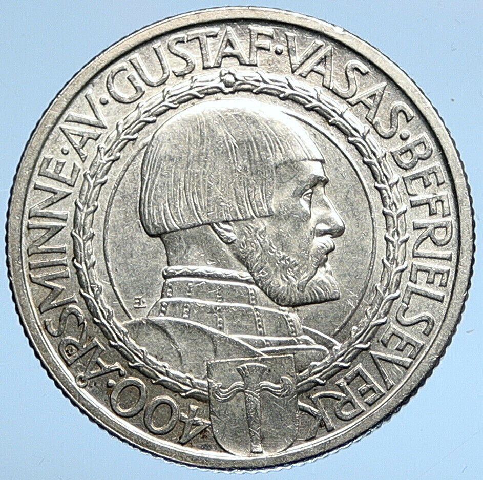 1921 Sweden GUSTAF I Liberation War Anniversary Antique Silver 2 Kr Coin i109710