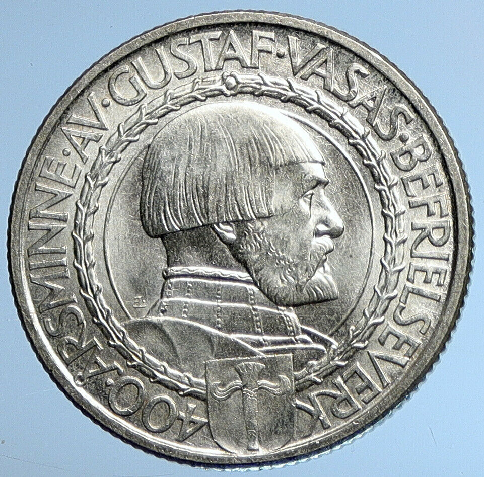 1921 Sweden GUSTAF I Liberation War Anniversary Antique Silver 2 Kr Coin i109626