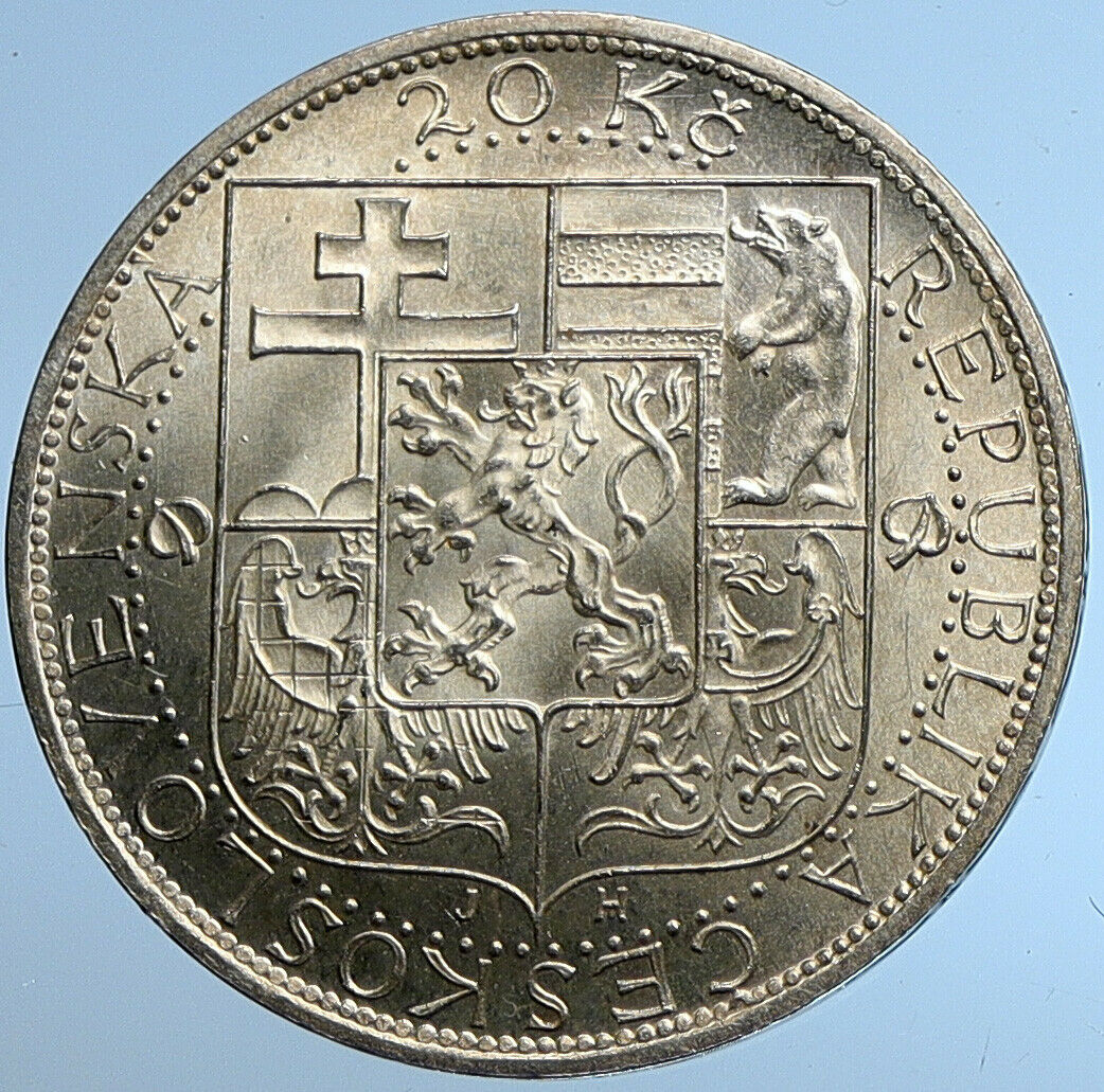1937 CZECHOSLOVAKIA President Masaryk VINTAGE OLD Silver 20 Korun Coin i109617