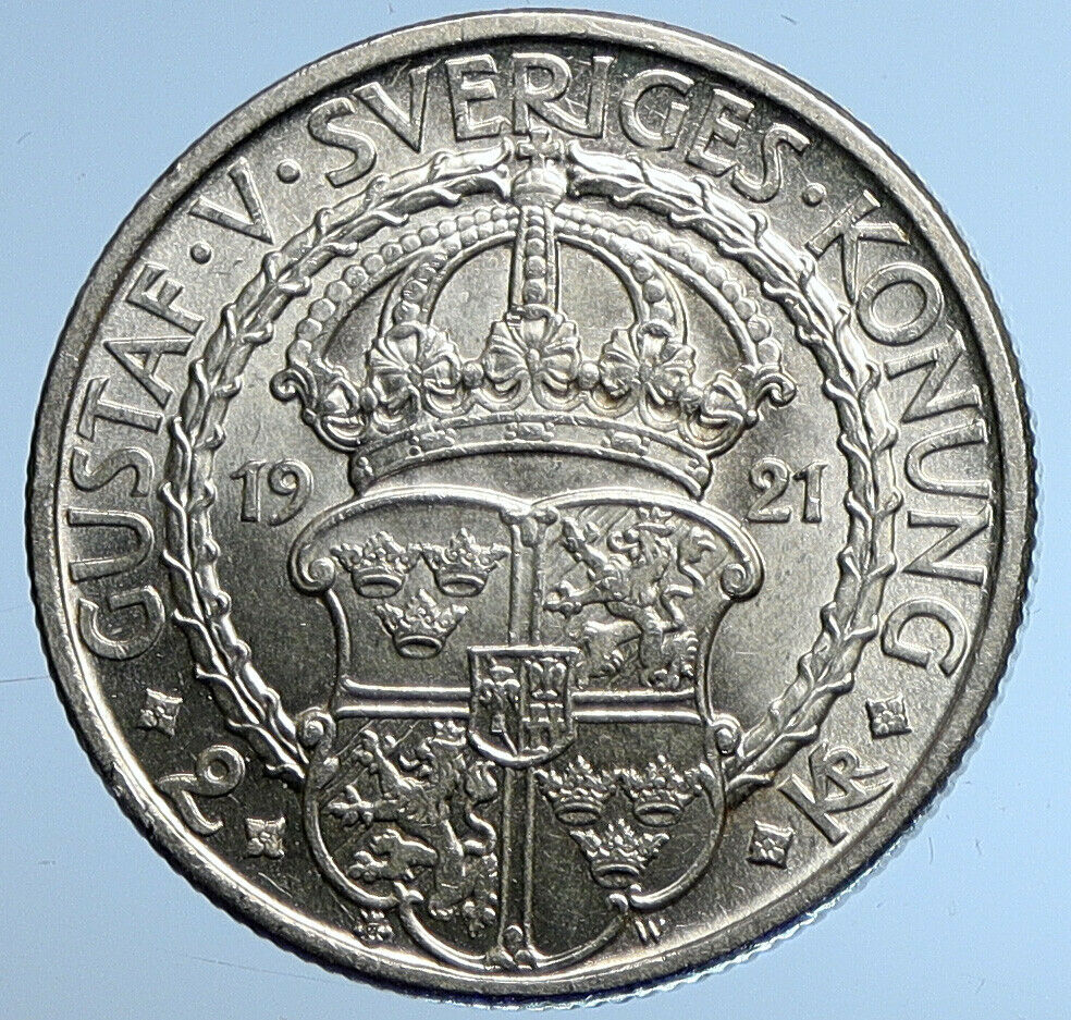 1921 Sweden GUSTAF I Liberation War Anniversary Antique Silver 2 Kr Coin i109627