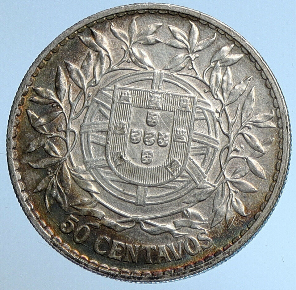 1916 PORTUGAL Antique BIG Silver 50 Centavos PORTUGUESE Coin w LIBERTY i109621