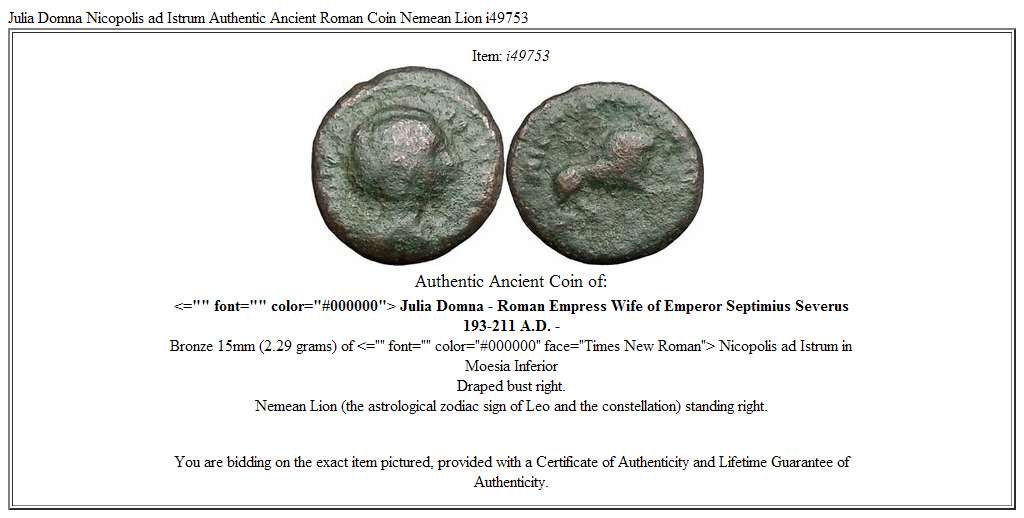 Julia Domna Nicopolis ad Istrum Authentic Ancient Roman Coin Nemean Lion i49753