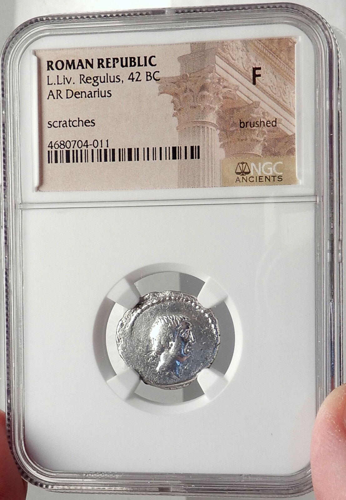 Roman Republic 42BC Praetor Livineius Regulus Praefect Silver Coin NGC i68785