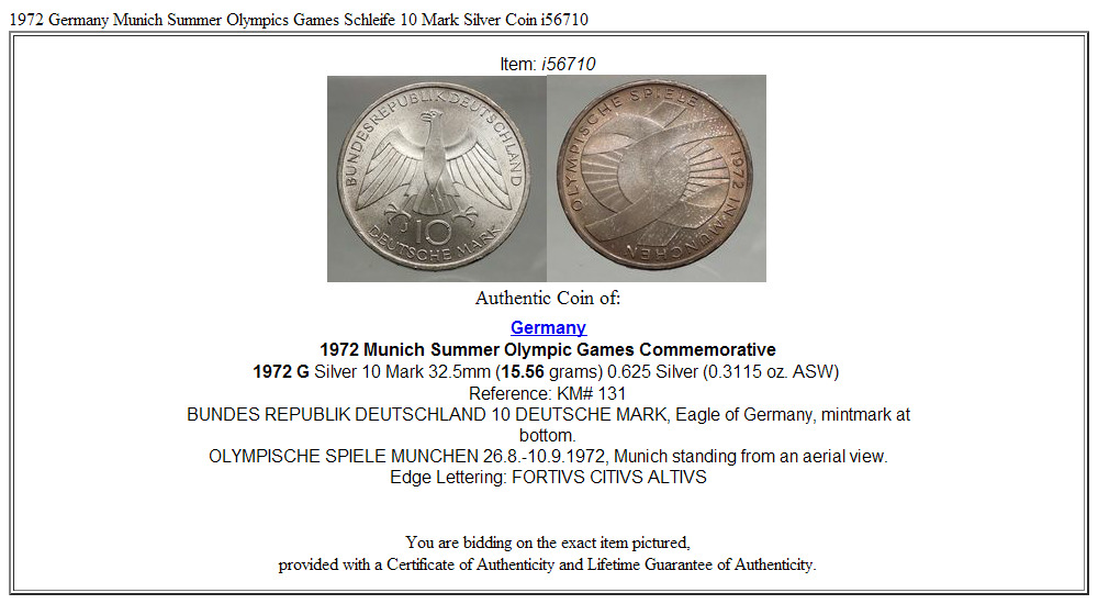 1972 Germany Munich Summer Olympics Games Schleife 10 Mark Silver Coin i56710