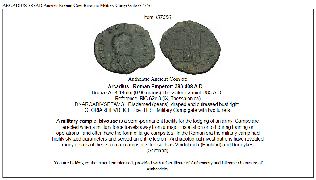 ARCADIUS 383AD Ancient Roman Coin Bivouac Military Camp Gate i37556