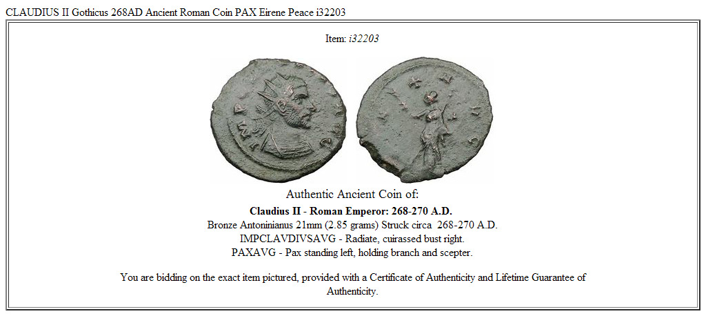 CLAUDIUS II Gothicus 268AD Ancient Roman Coin PAX Eirene Peace i32203