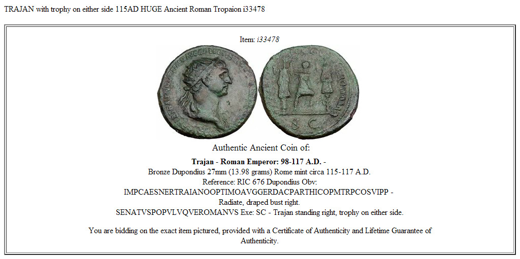 TRAJAN with trophy on either side 115AD HUGE Ancient Roman Tropaion i33478