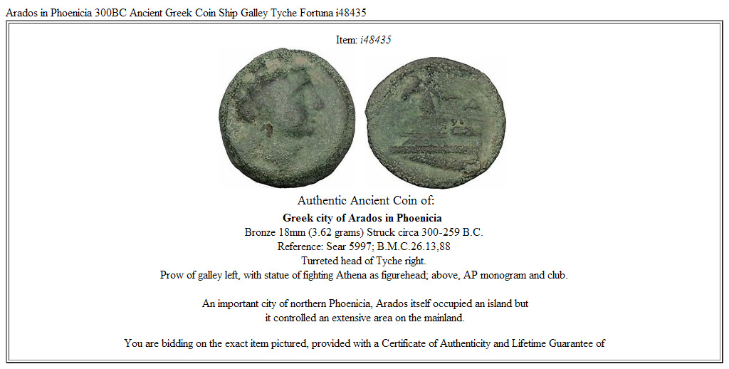 Arados in Phoenicia 300BC Ancient Greek Coin Ship Galley Tyche Fortuna i48435