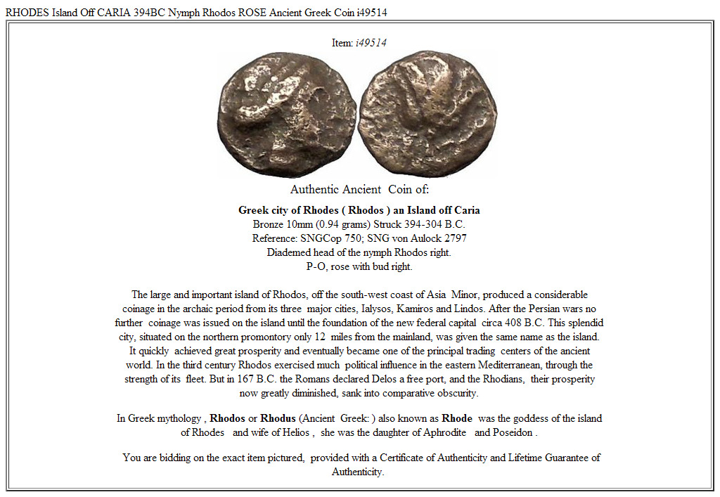 RHODES Island Off CARIA 394BC Nymph Rhodos ROSE Ancient Greek Coin i49514