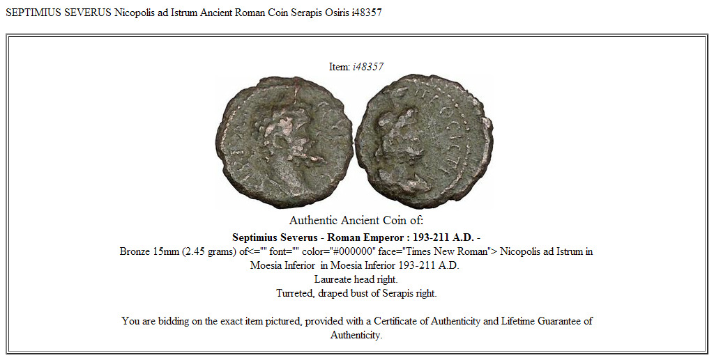 SEPTIMIUS SEVERUS Nicopolis ad Istrum Ancient Roman Coin Serapis Osiris i48357