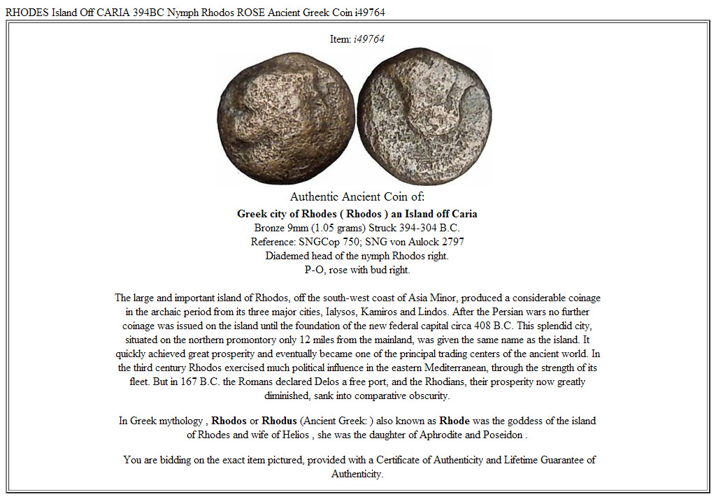 RHODES Island Off CARIA 394BC Nymph Rhodos ROSE Ancient Greek Coin i49764