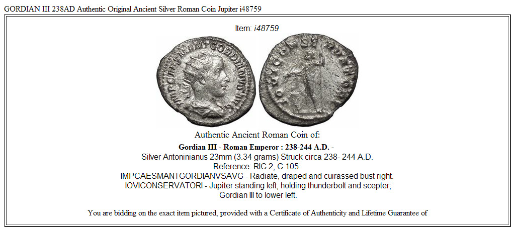 GORDIAN III 238AD Authentic Original Ancient Silver Roman Coin Jupiter i48759